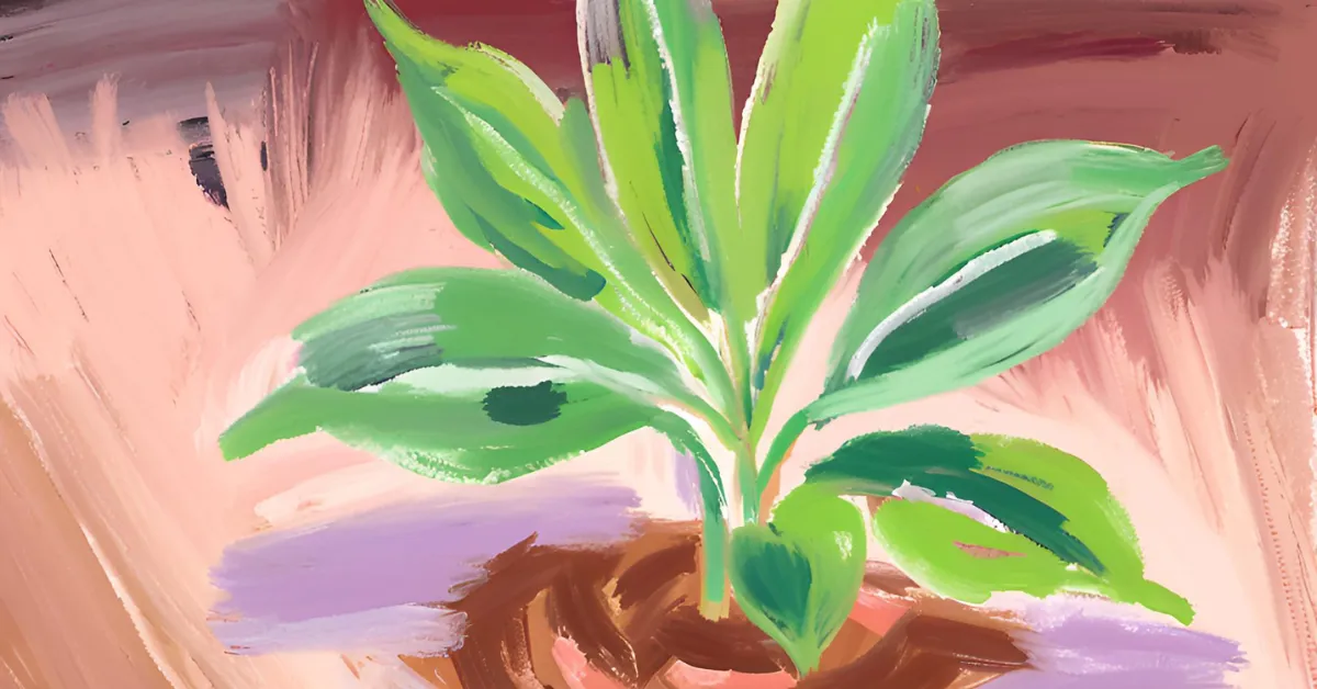 An abstract painting of a vibrant green plant with broad leaves emerging from the soil, set against a warm background of blended pink, purple, and brown brushstrokes, evoking growth and creativity.