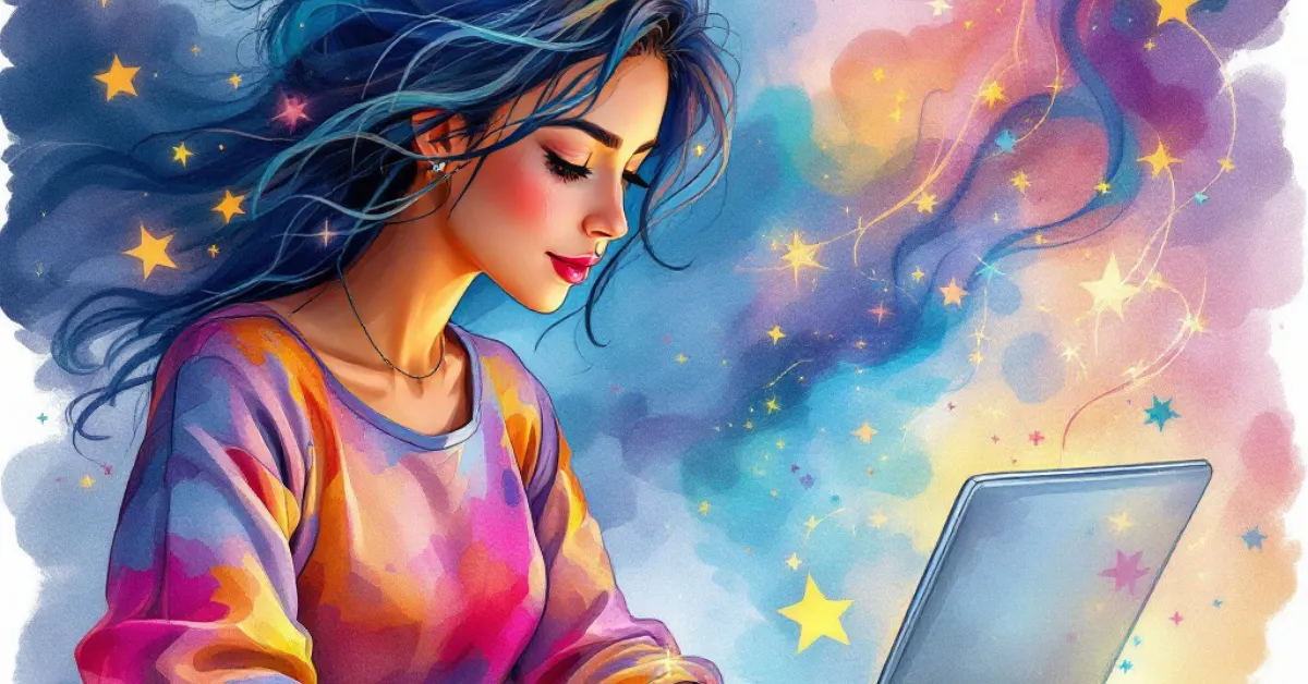 An artistic illustration of a woman with flowing blue hair working on a laptop, surrounded by a dreamy, colorful background of swirling stars and light. Her vibrant sweater reflects the ethereal tones of the scene, evoking creativity and inspiration.