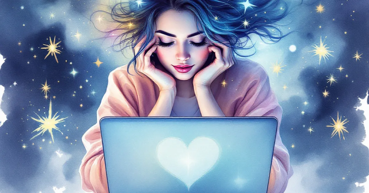 A dreamy, digitally illustrated woman with flowing blue-tinted hair sits in front of a laptop, resting her face in her hands with a serene expression. The laptop screen glows with a soft heart symbol, and the background is a celestial sky filled with twinkling golden stars. The ethereal scene conveys a sense of inspiration, reflection, and deep thought.