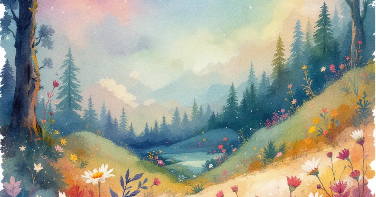 A whimsical watercolor-style illustration of a serene meadow filled with colorful wildflowers, rolling green hills, and towering pine trees. A soft, misty mountain range is visible in the distance beneath a pastel-hued sky, blending shades of pink, blue, and gold. The scene radiates tranquility, inviting a sense of peace and reflection in nature.