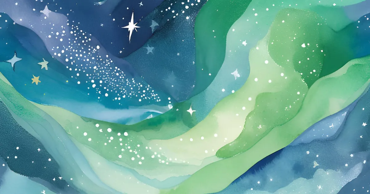 A watercolor-style illustration of a celestial scene blending deep blues and vibrant greens with swirling, wave-like patterns. White speckles and twinkling stars scatter across the composition, resembling a dreamy night sky or the aurora borealis. The flowing, organic shapes create a sense of movement and wonder.