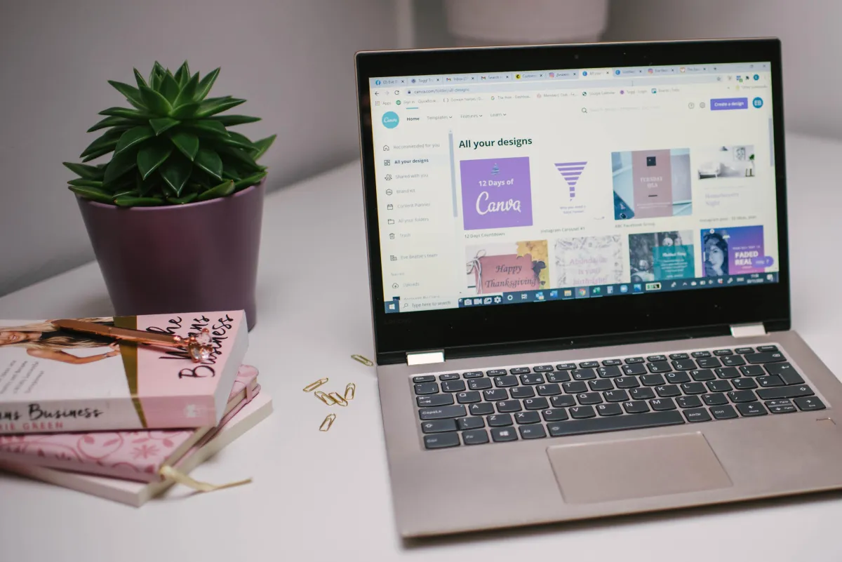 Open laptop, plant pot and business books