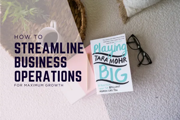 Flat lay image featuring the book "Playing Big" by Tara Mohr, a pair of black reading glasses, a pink notebook, and a coffee mug on a textured beige carpet, with overlay text reading "How to Streamline Business Operations for Maximum Growth"