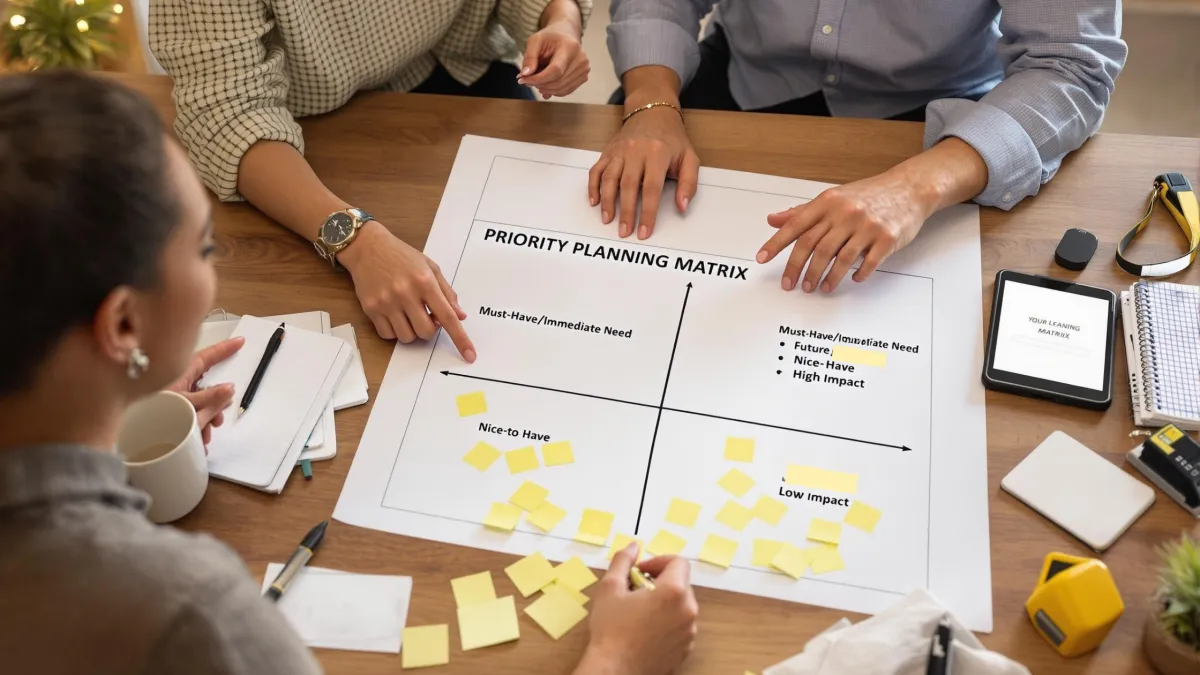 A group of three individuals sitting at a wooden table, discussing a 'Priority Planning Matrix' printed on a large sheet of paper. The matrix is divided into four labeled quadrants: 'Must-Have/Immediate Need,' 'Must-Have/Future Need,' 'Nice-to-Have,' and 'Low Impact.' Sticky notes are placed across the matrix, with additional blank notes scattered on the table. The scene includes a coffee mug, a notebook, pens, and a tablet displaying a digital version of the matrix. A tape measure and other planning tools are also visible, emphasizing active home planning and decision-making.