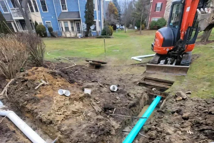 An excavated trench showing underground pipe repair work with PVC and blue pipes, tools, and a mini excavator in a residential area.