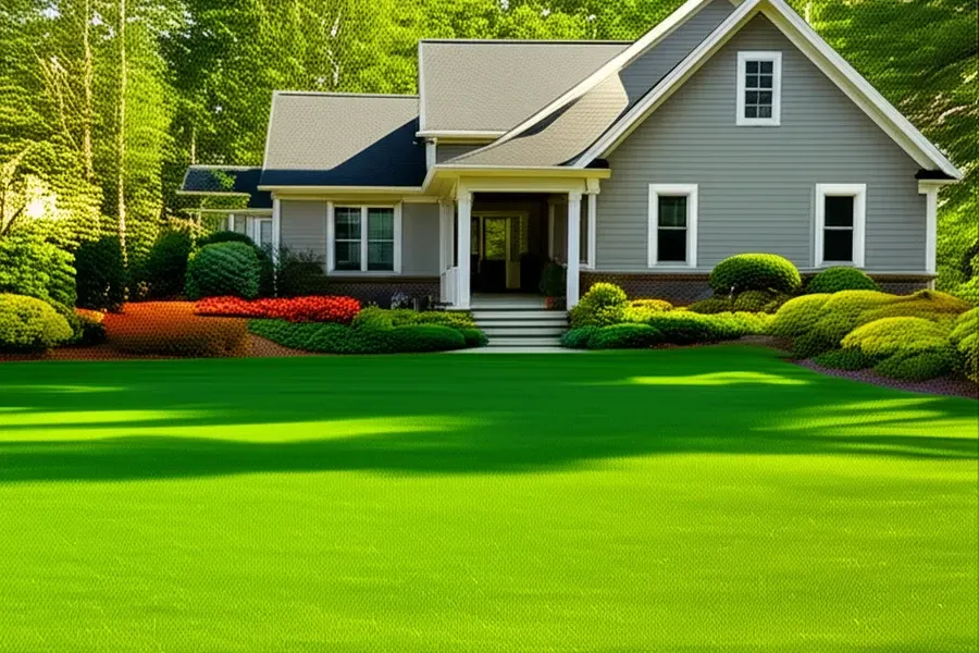 Lush green lawn with trees in the background.