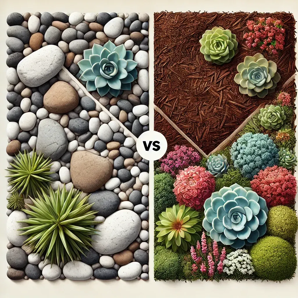 River rock and Mulch side by side