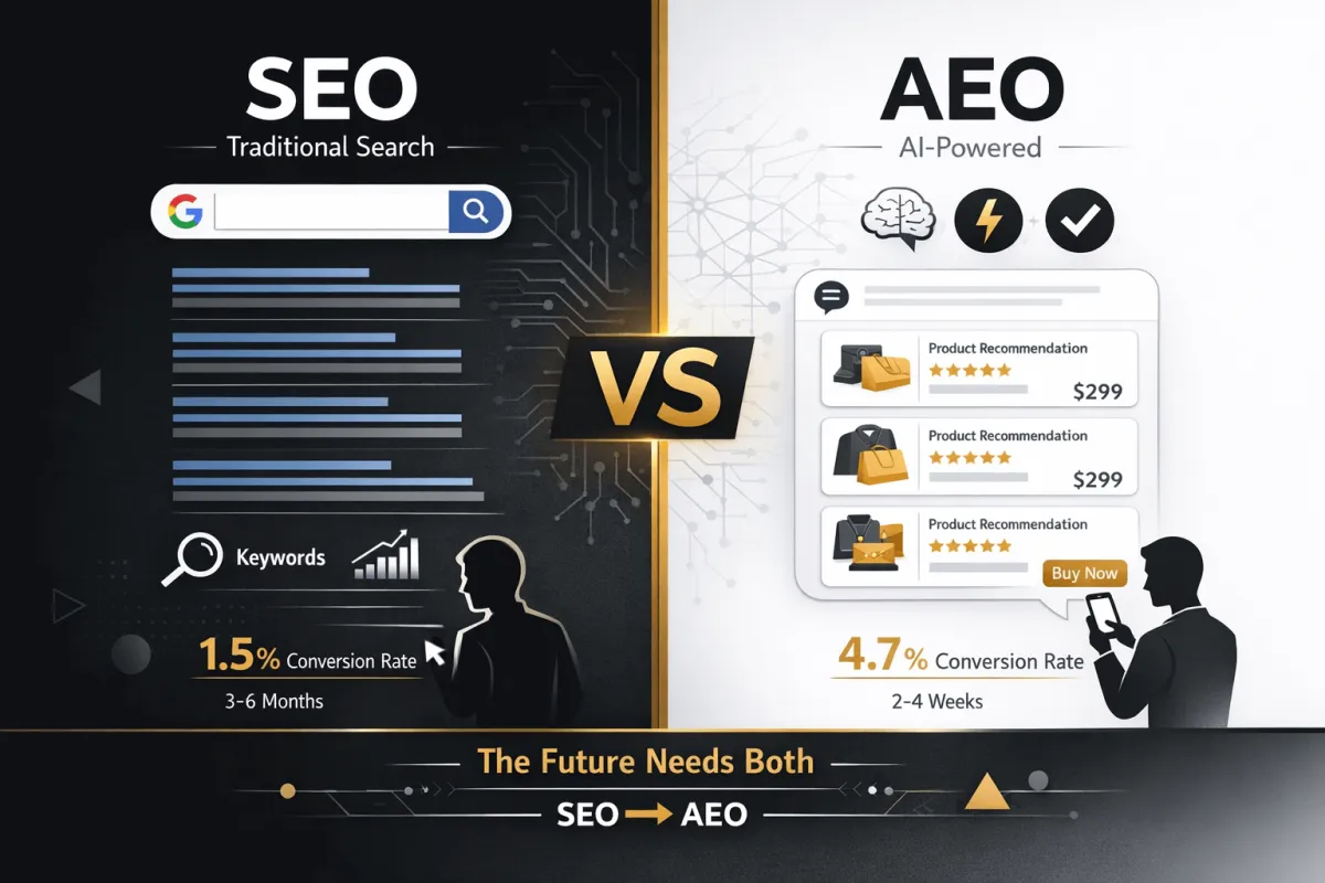 SEO vs AEO comparison showing traditional Google search with 10 results versus AI-powered ChatGPT with 3 recommendations