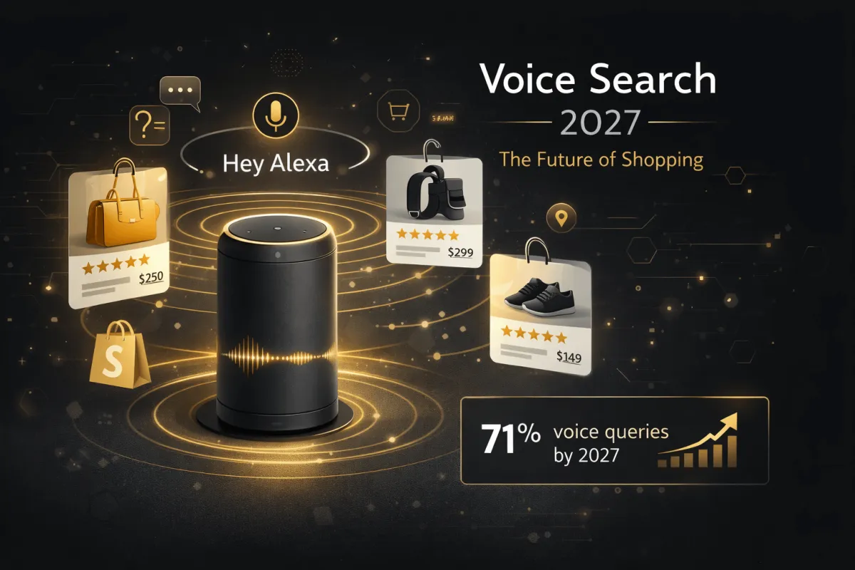 Smart speaker with gold sound waves showing voice search for Shopify products with 55% household adoption by 2027 statistic