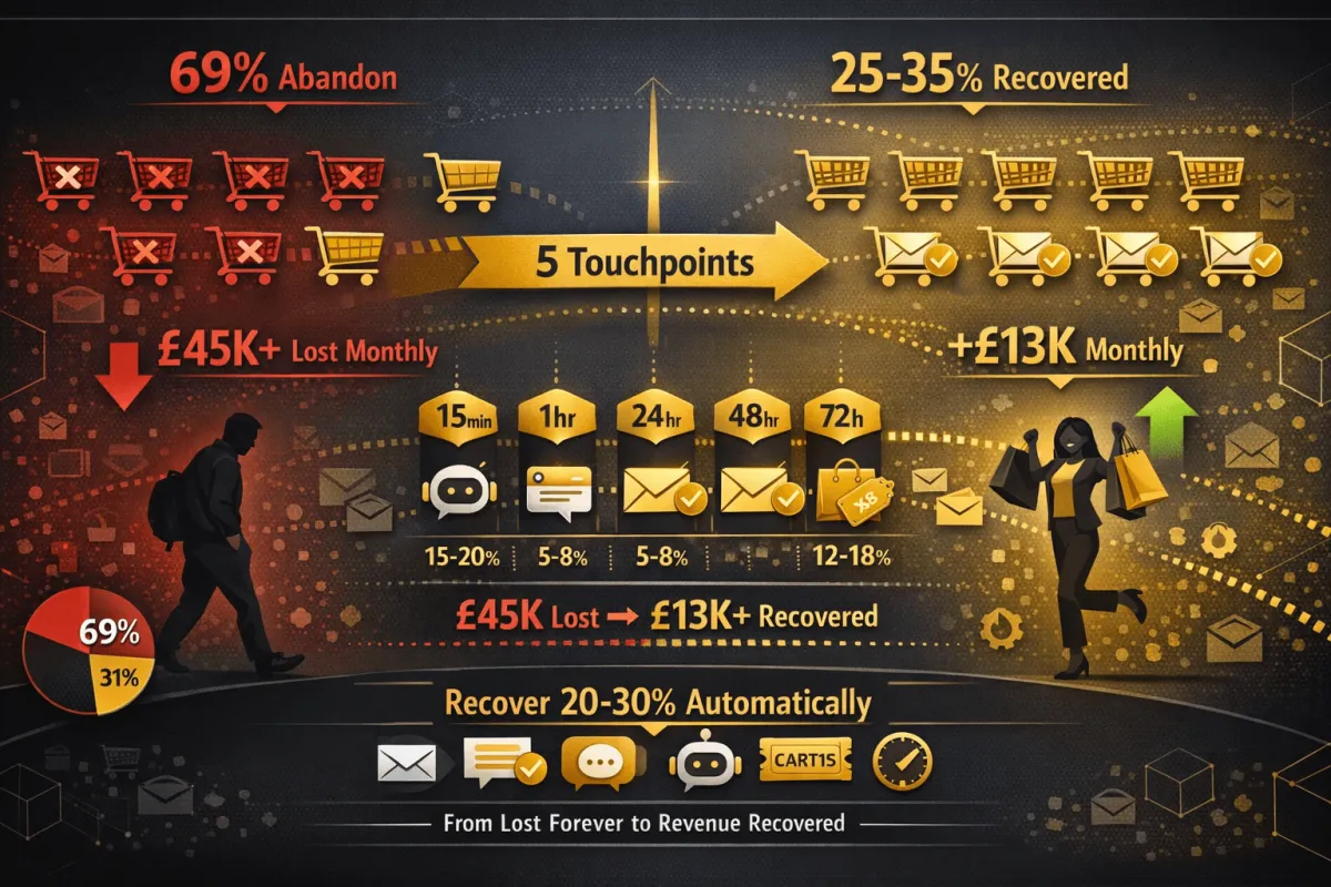 Shopping cart recovery infographic showing 5-touchpoint automation system recovering 25-35% of abandoned carts worth £13K monthly