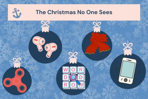 Grounding tools like earpods and a fidget toy, representing the hidden overwhelm young adults experience during festive celebrations