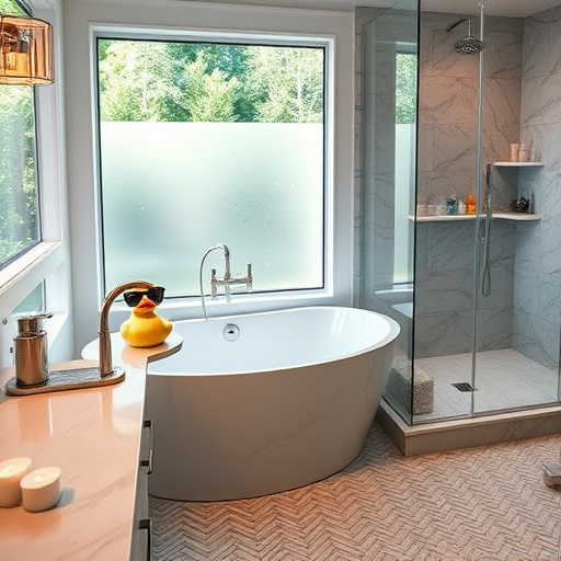 A beautifully remodeled bathroom featuring a freestanding soaking tub and a sleek, glass-enclosed shower with delicate rain showerheads. The scene showcases soft marble countertops and polished chrome fixtures that shimmer under warm lighting. The color palette includes soothing muted tones of light blue and gray, accented with warm whites and natural wood elements. A whimsical rubber duck wearing sunglasses sits on the tub's edge beside floating candles that provide a gentle glow. Through a frosted window, lush greenery adds to the serene ambiance. Organized bath products on a shelf demonstrate both functionality and aesthetic appeal. The intricate mosaic tile flooring with a subtle geometric pattern enhances the space's character, creating a sophisticated yet welcoming atmosphere, perfect for inspiring bathroom remodeling ideas.