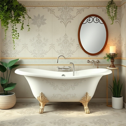 A blog cover image depicting a luxurious and inviting bathroom centered on "Affordable Shower to Tub Conversions". The scene features a gleaming freestanding clawfoot tub on polished wooden floors, illuminated by natural light. Lush potted plants and delicate vines surround the tub, creating a serene oasis. A vintage showerhead, playfully sprouting flowers instead of water, enhances the conversion theme. The walls boast intricate pastel-colored tiles reminiscent of classic designs, contributing to a calm atmosphere. Quirky details include whimsical rubber duckies, a small frog on the tub's edge, and artfully scattered colorful bath toys. A sun-drenched window with sheer curtains frames the background, amplifying the cozy mood. The art style reflects the Pre-Raphaelite Brotherhood, with rich colors and meticulous details inviting viewers into the tranquil setting, perfect for inspiring ideas of accessible luxury in home bathrooms.