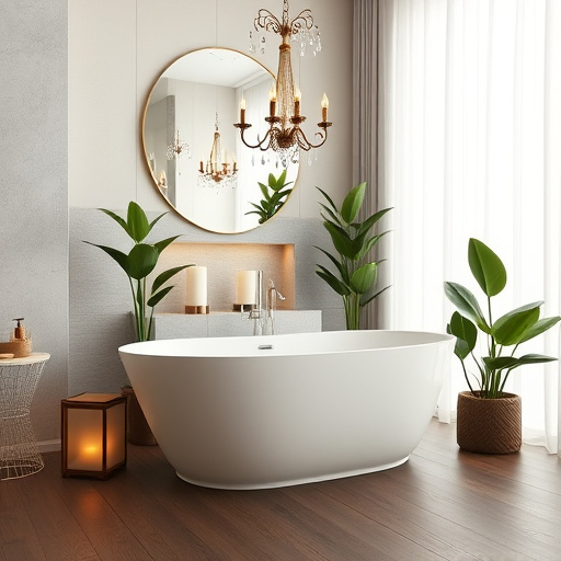A luxurious baroque-style bathroom features an elegant brass clawfoot bathtub with intricate gold detailing at its center. The walls are adorned with rich, muted blue and warm cream tones, complemented by ornate floral wallpaper that enhances the opulence. A vintage chandelier hangs from the ceiling, casting a soft glow over a polished marble countertop embellished with jars of artisanal bath salts and scented candles, creating a serene atmosphere. Adding a whimsical touch, a delicate porcelain figurine of a lounging cat sits on the tub's edge. A lush potted fern in one corner introduces greenery, while a wooden ladder against the wall displays neatly rolled plush towels in varying shades of cream and blue. The stunning mosaic tile floor features swirling patterns that guide the eye throughout the space. Small details like an ornate vintage clock and a gilded-framed mirror reflect the luxurious essence, while a bottle of bubbly bath foam suggests indulgence. The overall scene embodies playful luxury, inviting relaxation and rejuvenation in a charming bathroom setting.