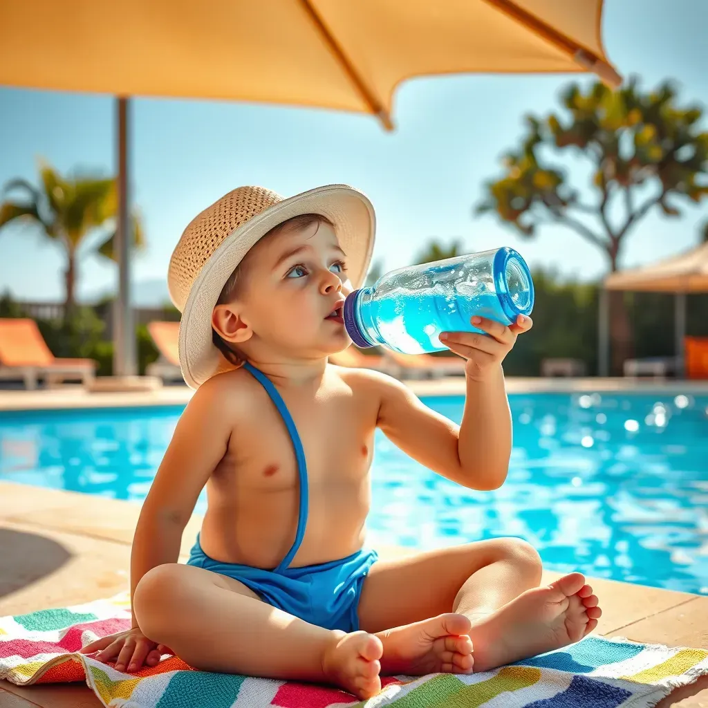 Niño hidratándose junto a la piscina durante un descanso en un día soleado, previniendo la deshidratación.