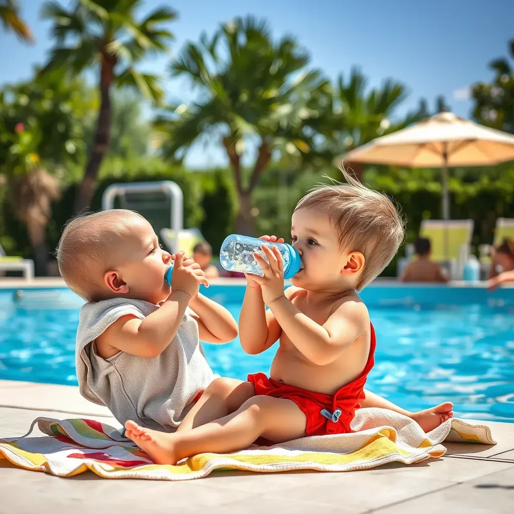Niño descansando junto a la piscina y tomando agua para prevenir el cansancio mientras nada.