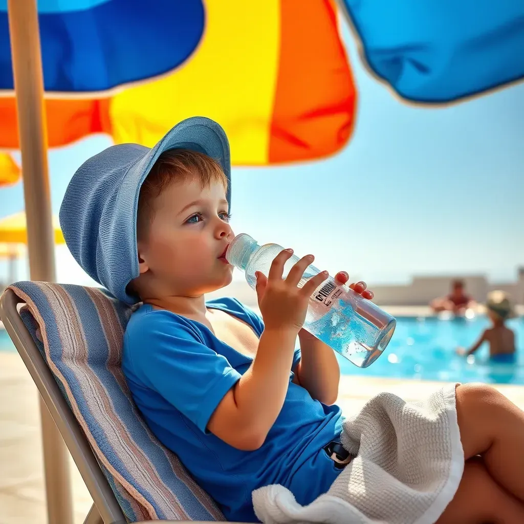 Niños jugando bajo la sombra en la piscina, protegidos del sol y del calor para evitar golpes de calor.
