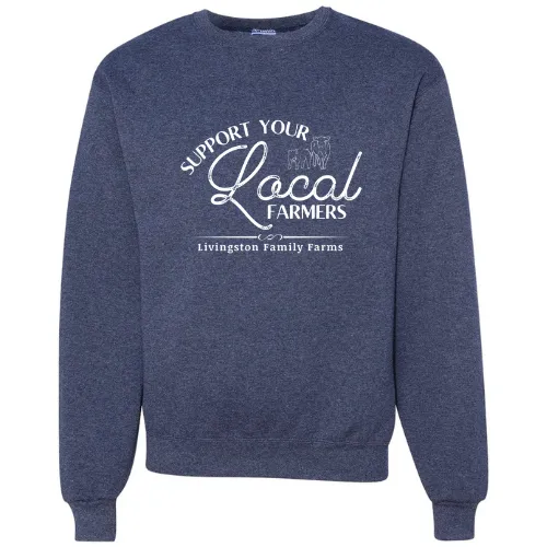 Blue sweatshirt with "Support your local farmers" and the Livingston Family Farms name on. 