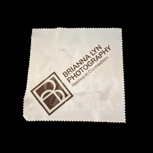 White cleaning cloth for glasses or screens with the Brianna Lyn Photography logo sublimated on