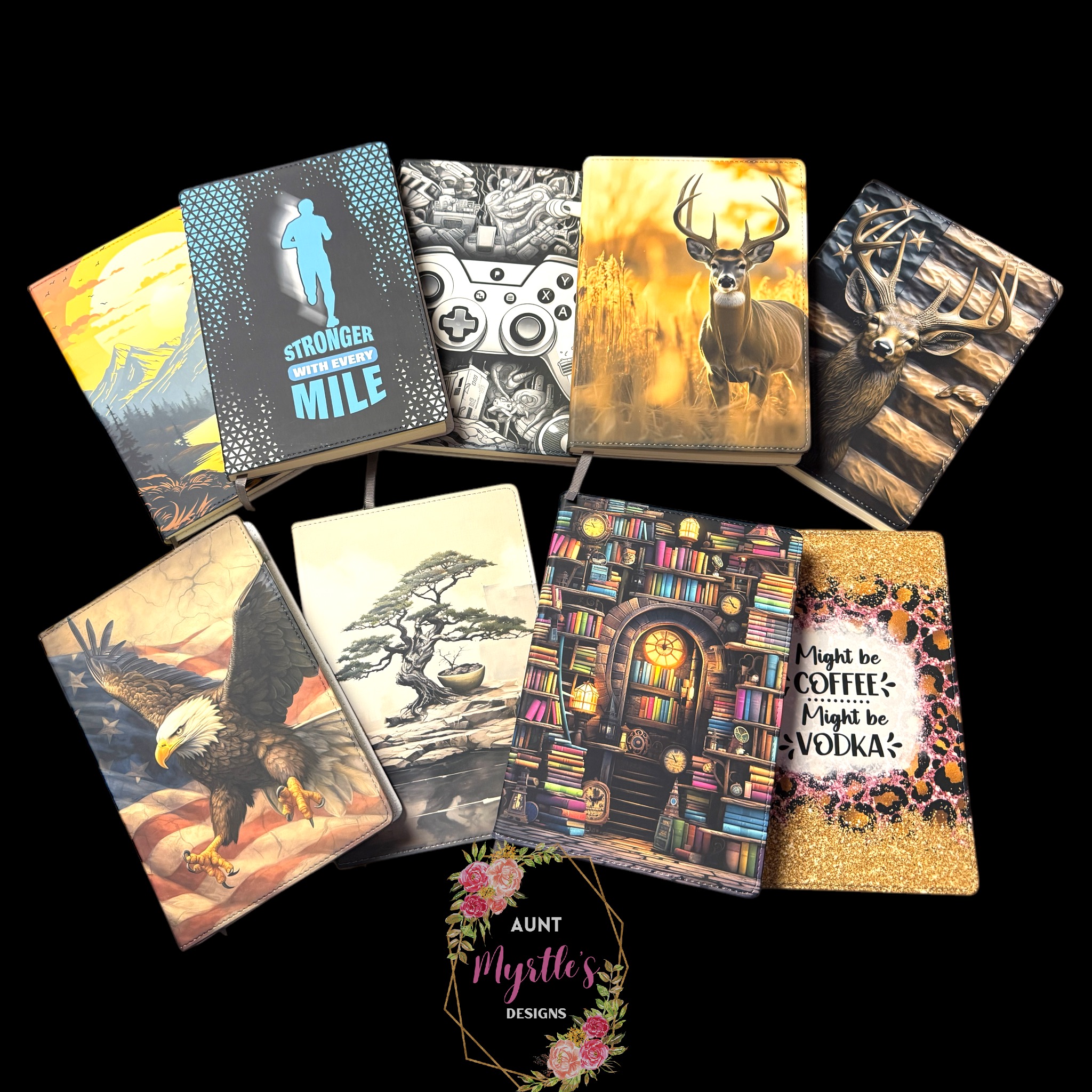 Eight journals that were custom ordered and sublimated 