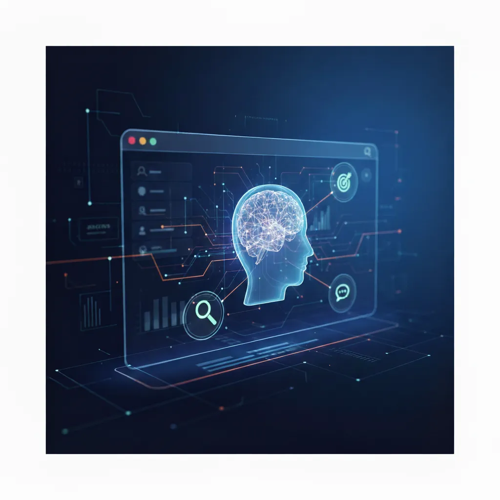 Futuristic image showing a holographic brain integrated into a transparent CRM dashboard, symbolizing AI-driven intelligence, predictive sales, and deep customer insights.