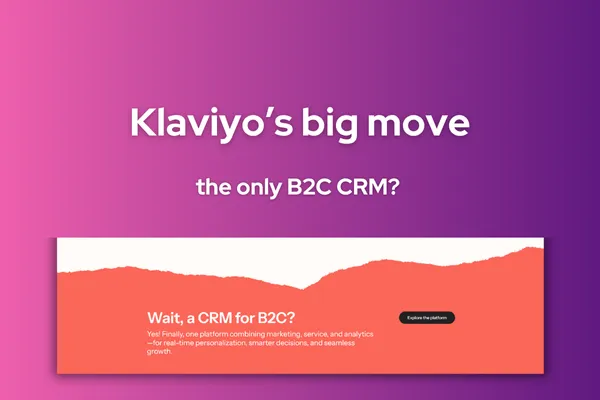 Illustration of Klaviyo claiming the “B2C CRM” category, with a bold logo positioned over legacy CRM logos. Conveys disruption and category leadership in the ecommerce tech stack.