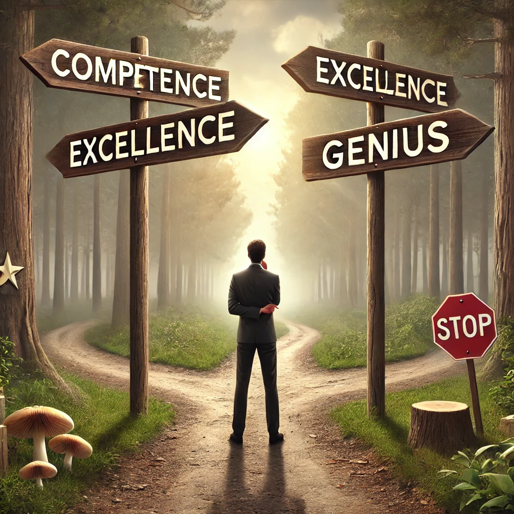 The image has been created, depicting an individual standing at a crossroads with signs pointing towards various paths labeled "Competence," "Excellence," and "Genius." The person is in a serene outdoor setting, such as a forest or rural path, appearing contemplative as they ponder their next move. Each sign points in a slightly different direction, symbolizing the choices one faces in personal and professional growth. This visual conveys the concept of decision-making and the strategic choices involved in career development and self-improvement.