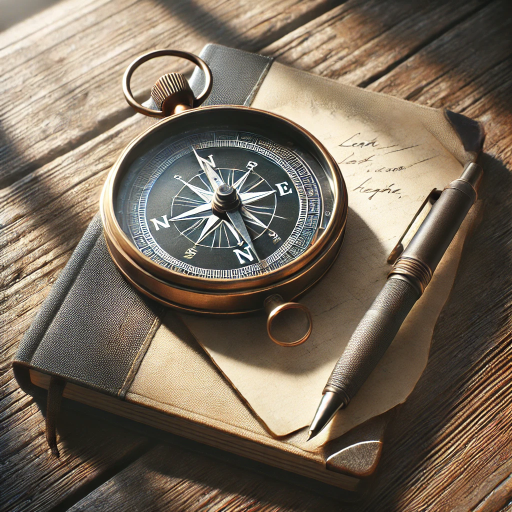 A compass on a desk symbolizes the importance of core values in guiding decisions and actions for long-term success.