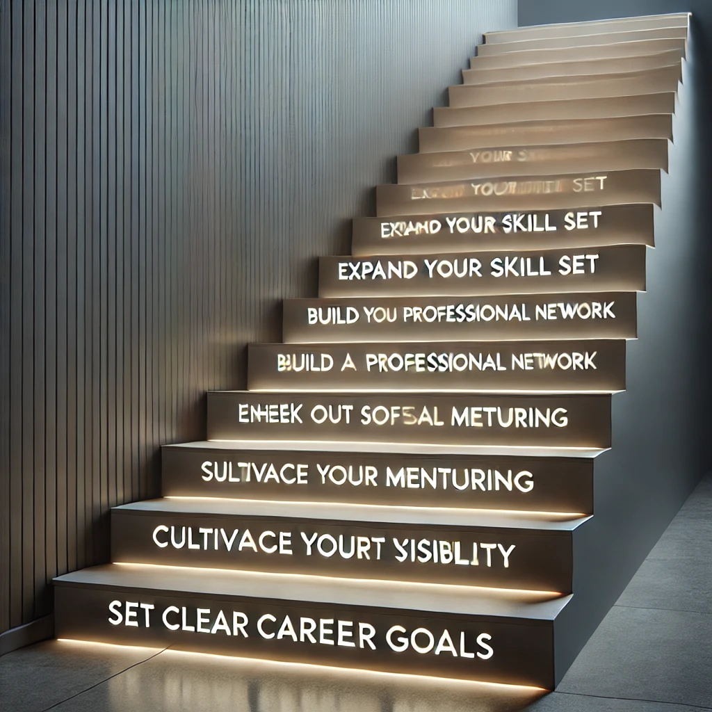 image of a staircase, with each step featuring the words that represent key steps in career development.