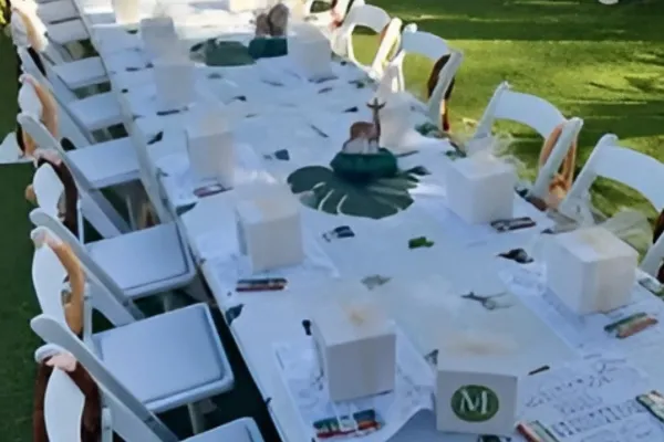 outdoor table prepared for a private party with exotic animal theme