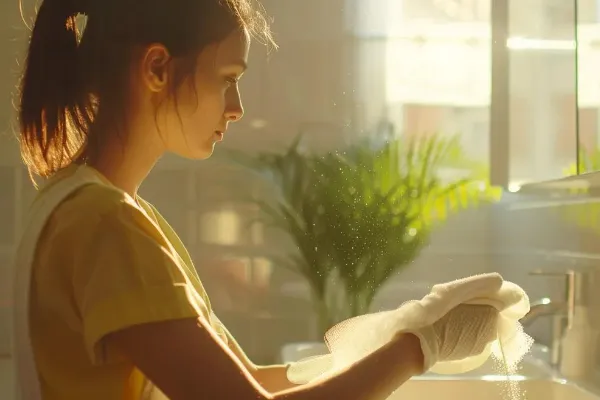 professional house cleaners at home cleaning a bathroom