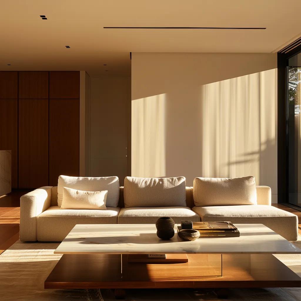 spotless living room with minimalist furniture and a clean coffee table, highlighting home cleaning services for a tidy, stress-free space