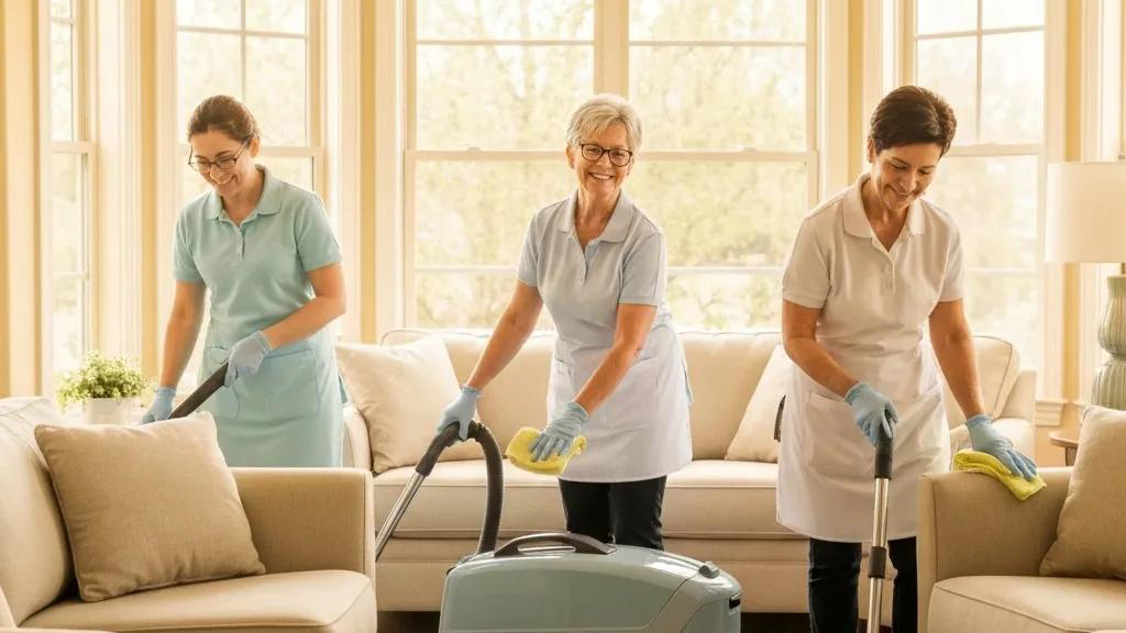 Maid service team cleaning a cozy living room, highlighting personalized cleaning