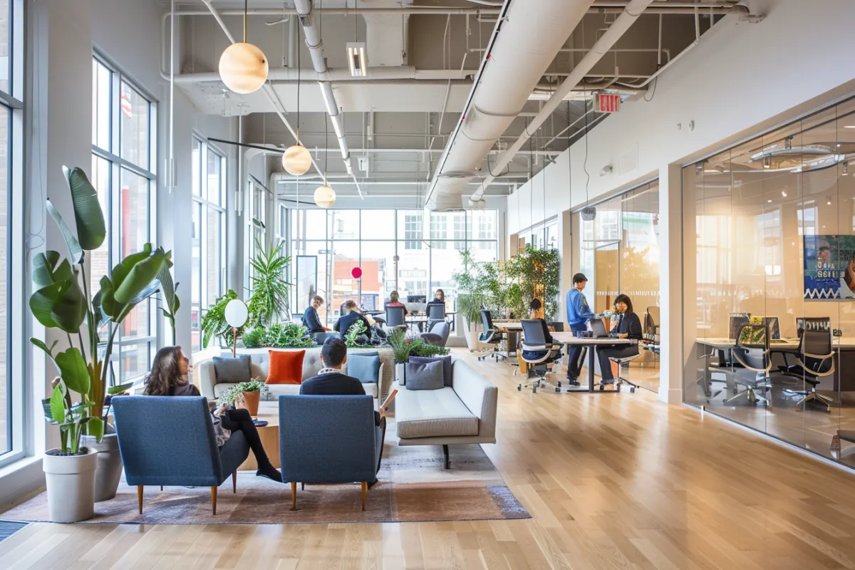 photo of a bright modern office space with people working and collaborating together