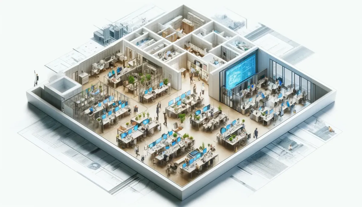 a modern corporate office layout viewed from above, highlighting different departmental areas working together, with tech-enhanced spaces and collaborative zones, in a sleek and well-organized office environment