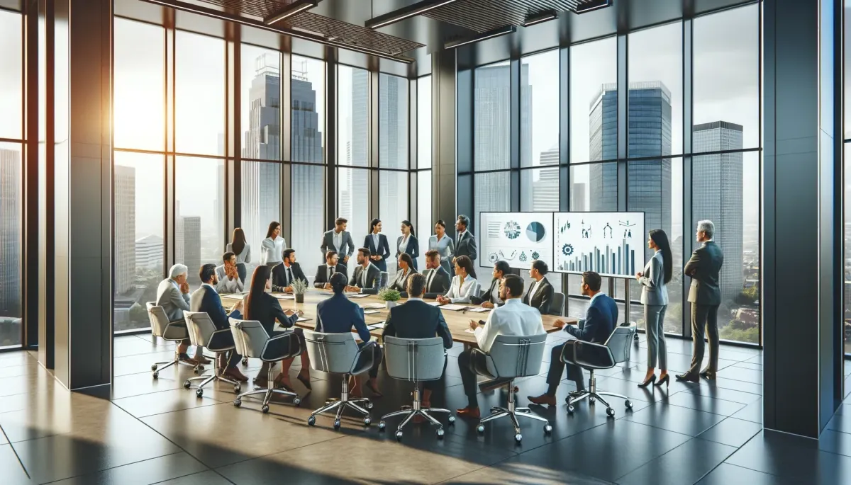 a diverse group of corporate professionals in a modern conference room