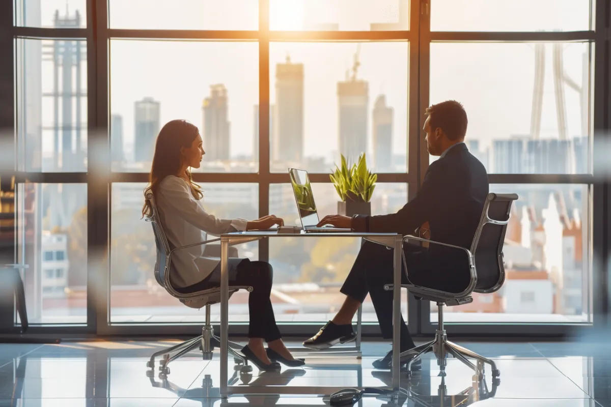 a professional photo of an executive being coached in a modern office