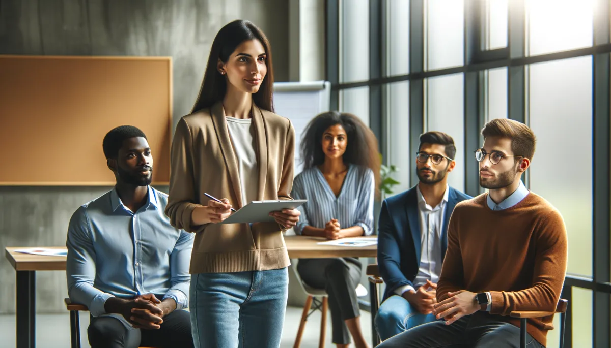 A team in a modern office setting, actively engaged in a meeting. Focus on one person speaking while others attentively listen.