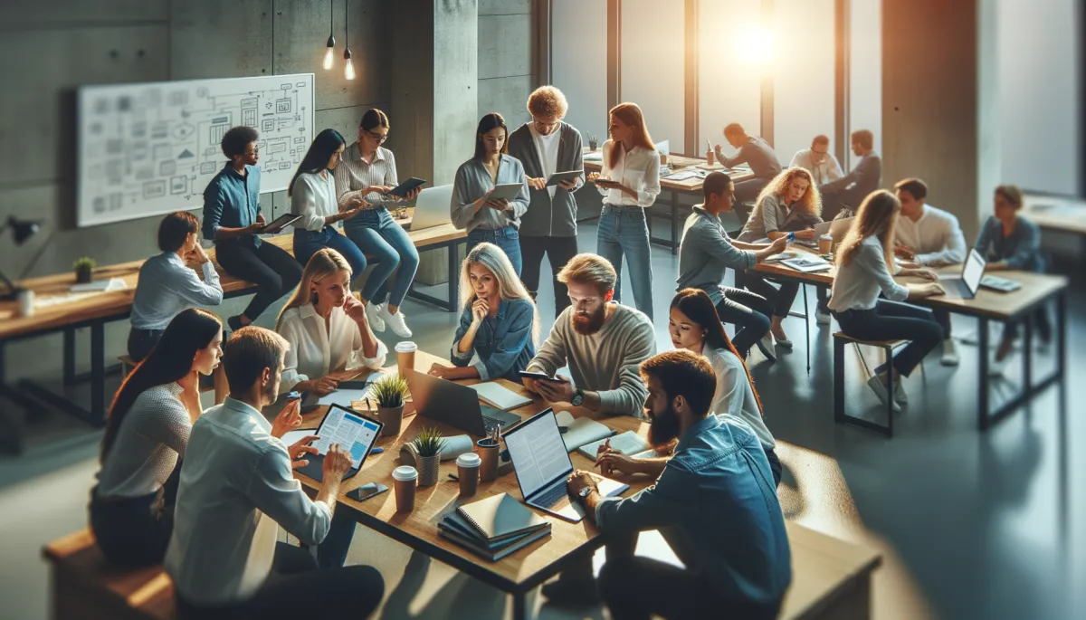 A modern office environment where employees are engaging in collaborative learning. The setting includes a mix of digital tools like laptops and smartphones, along with traditional notepads and whiteboards.