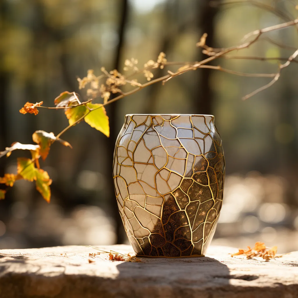 A porcelain vase chased throughout with golden kintsugi repairs sits atop an outdoor table, with a maple branch above. Image: AI by author 