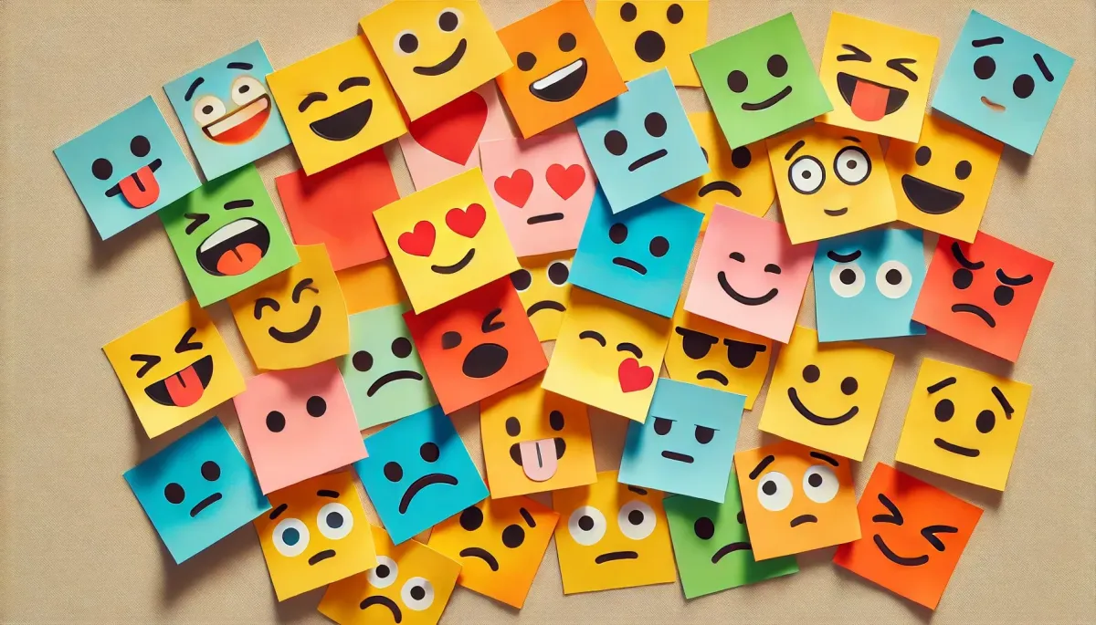 Image: Various colored sticky notes, each with a different emoji-style face representing an emotion (AI generated image)