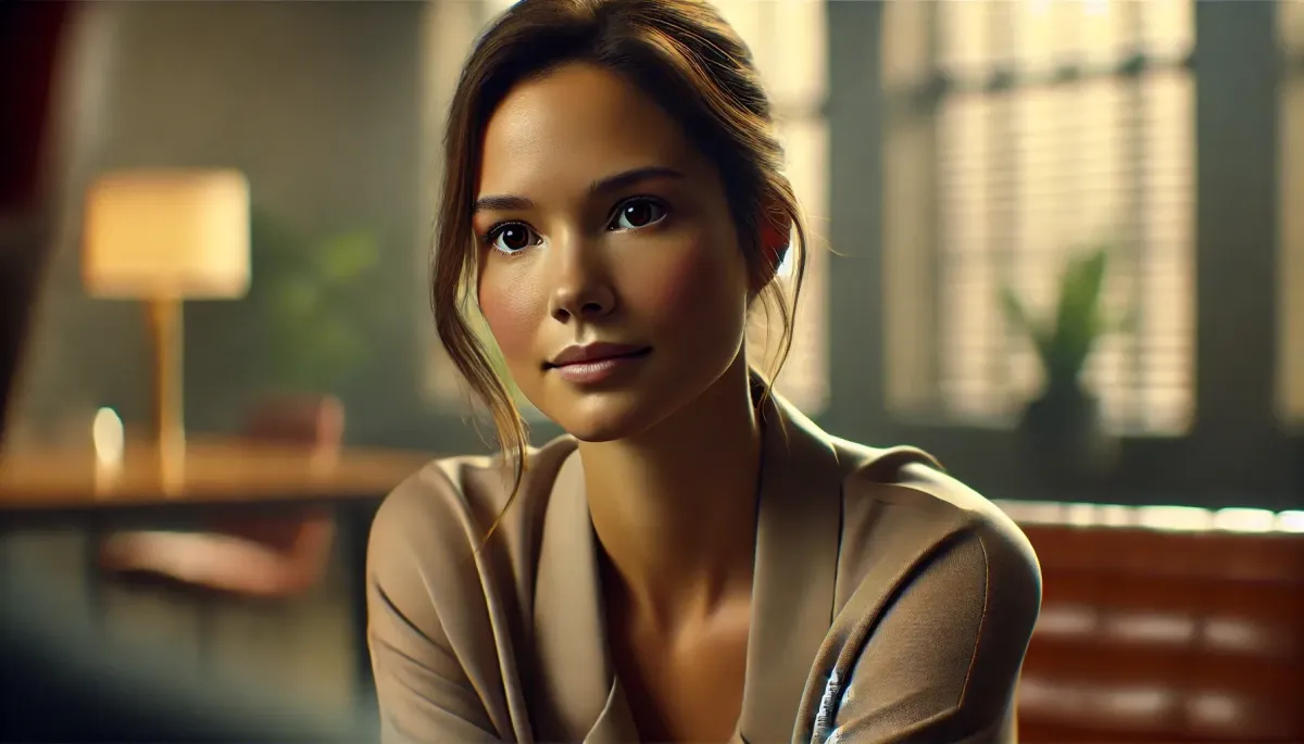 Image: A woman with warm olive skin and swept-up brown hair listens attentively. (AI-generated)
