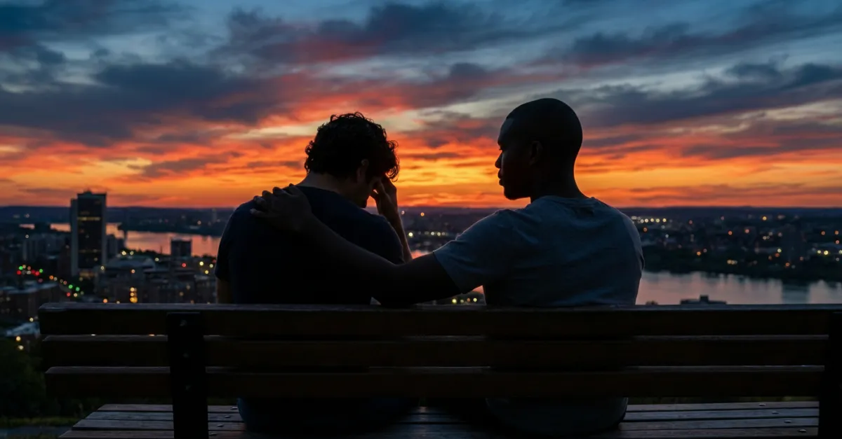 Silhouette from behind: two men sitting together on a park bench at dusk. One man has his arm around the other’s shoulders in solidarity. Ai image