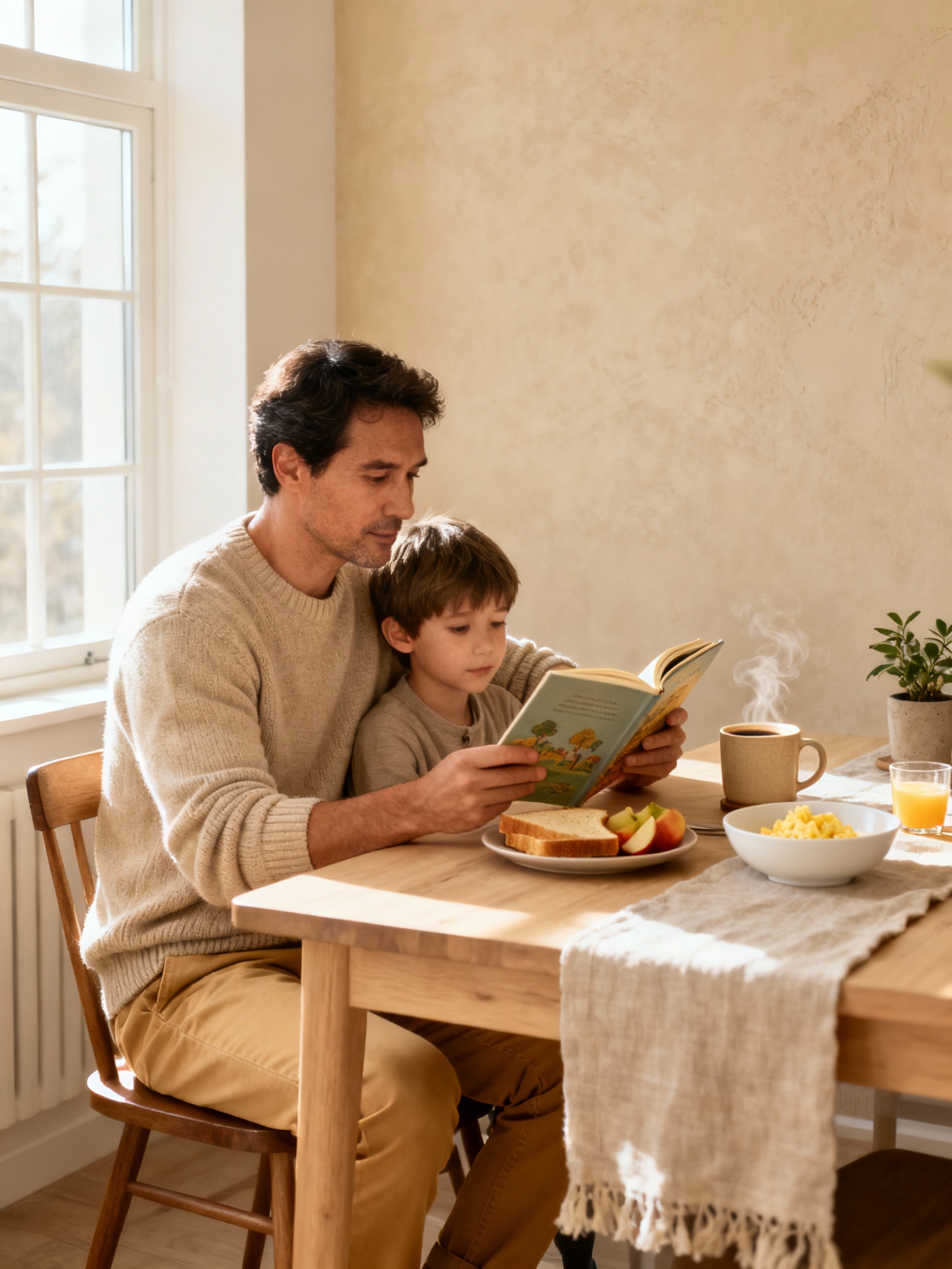 A father sitting at a breakfast table reading with his child, representing family leadership, integrity, and the importance of leading by example at home.