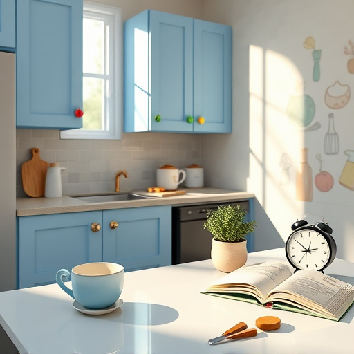 Alt Text: A cozy kitchen featuring elegant pastel blue cabinets that are 40 inches high, adorned with whimsical fruit and vegetable-shaped knobs. The countertop showcases vibrant kitchen tools, including a playful mixing bowl, charming cartoonish measuring cups, and a potted herb garden, evoking a lively cooking space. Scattered items like a quirky clock, an artistic coffee mug, and a doodle-filled recipe book enhance the inviting atmosphere. Soft light streams in through a window, creating tranquil shadows. The background features an abstract mosaic design of kitchen tools and ingredients in soothing colors of soft blues, warm yellows, and hints of greens, conveying comfort and inspiration for joyful cooking experiences.