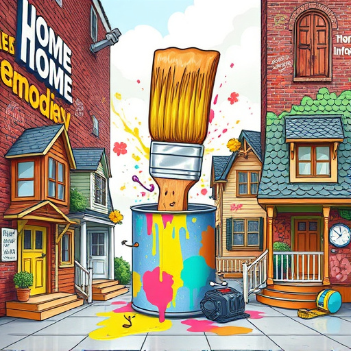 A vibrant street art-inspired cover image depicting the transformative journey of home renovation. At the center, an oversized, whimsical paintbrush splattered with bright colors emerges from a paint can, symbolizing creativity. On either side, various architectural elements like quaint doors, window frames, striking shingles, and cozy porches dance around the paintbrush, showcasing personality. Soft swirling lines mimic fresh paint flow, guiding the viewer's eye through the scene, while cartoonish tools like hammers and tape measures peek from behind the structures, adding a quirky charm. The background features a colorful urban landscape with brick walls displaying clever home improvement slogans and vibrant murals of blooming flowers, symbolizing growth. Graffiti-style textures and patterns with hints of greenery signify nature's touch in home design. The color palette is rich and bright, dominated by cheerful yellows, vibrant blues, and lush greens, creating an inviting atmosphere that resonates with possibilities of renewal and creativity, encapsulating the essence of a home remodeling business.
