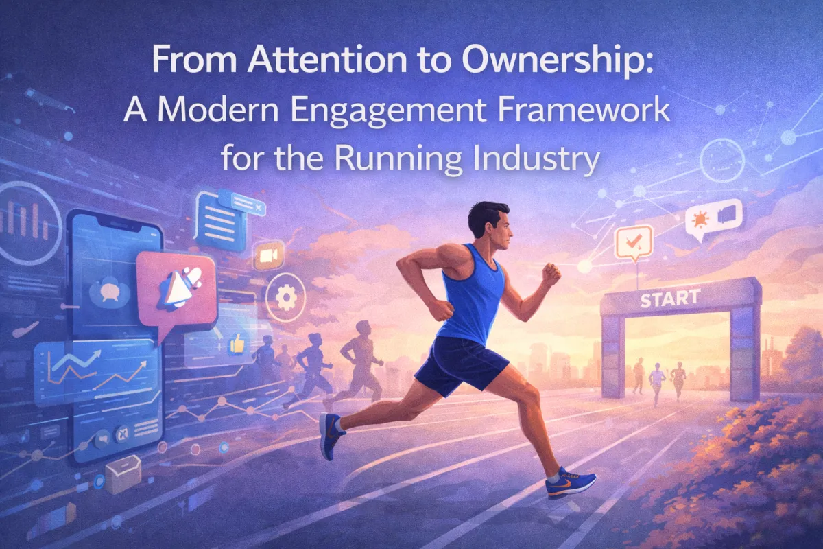 Illustration of a runner moving through a digital environment, representing modern engagement, technology, and audience ownership in the running industry.