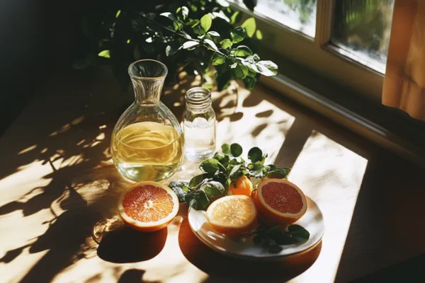 A soft, natural scene featuring a healthy breakfast (citrus, leafy greens, herbal tea), a glass water bottle, and sunlight streaming through a window.