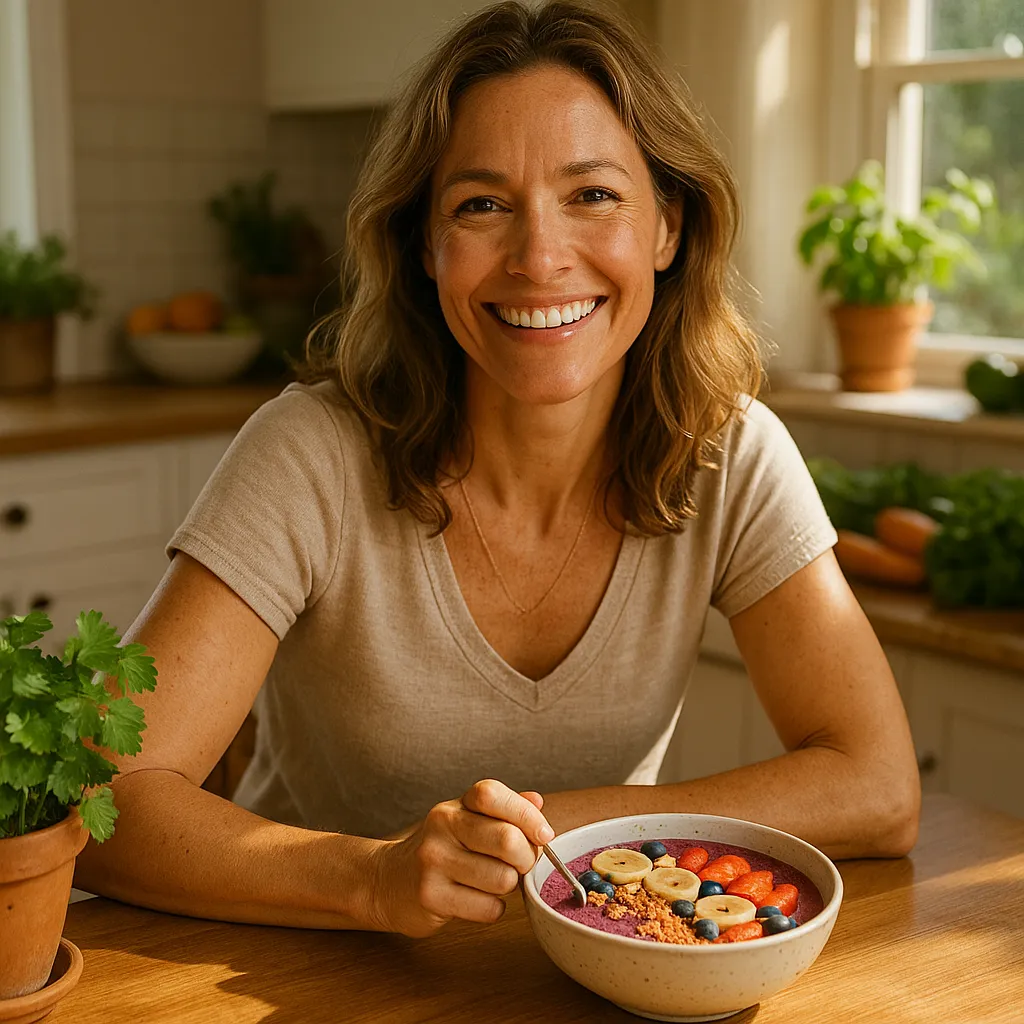 woman eating fuit and yoghurt at kitchen table from a bowl