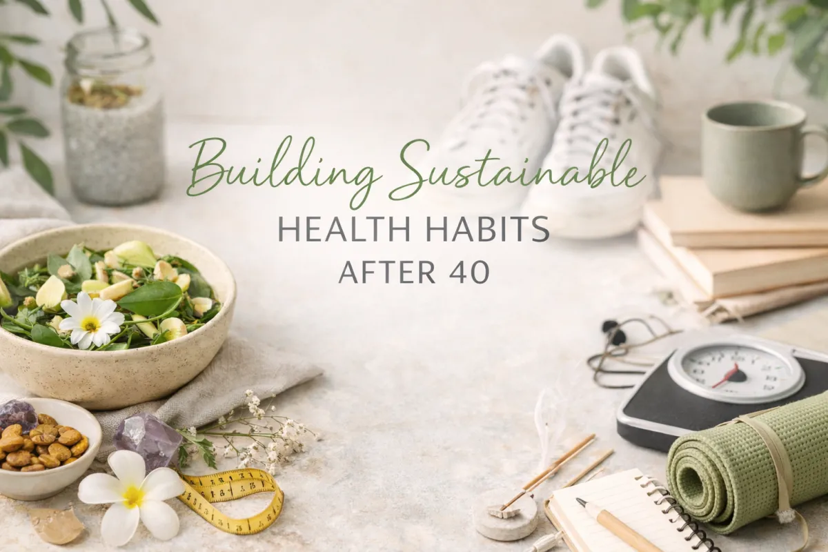 Lifestyle flat lay showing sustainable health habits after 40, including gentle movement, nourishing food, and simple daily routines in a calm, natural setting